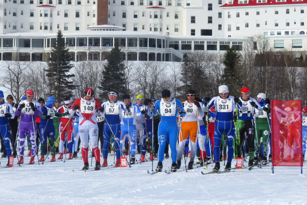 Masters skiers line up outside the Mt.Washington Hotel